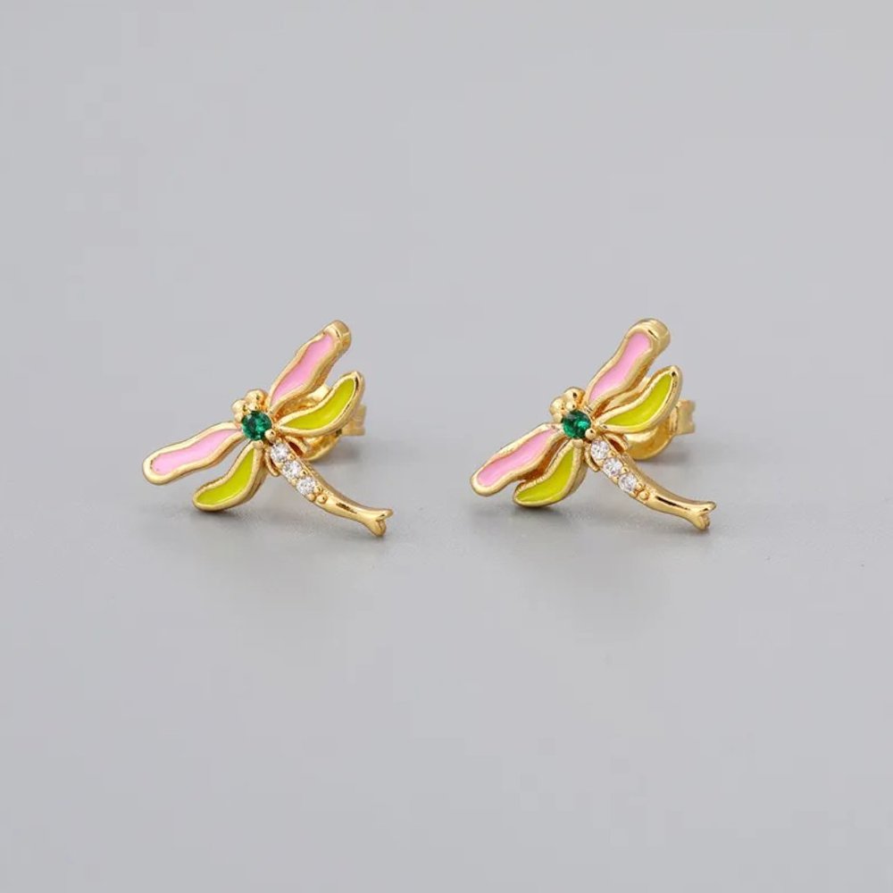 Dainty Pink & Gold Dragonfly CZ Diamonds Boho Small Stud Earrings NEW - Picture 3 of 3